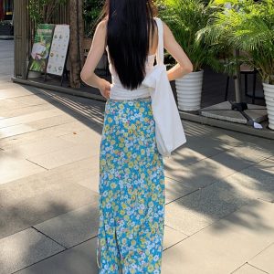 Fresh Floral Tie Low Waist Mid-Length Straight Skirt for Women - Beachy 90s Style Half Skirt