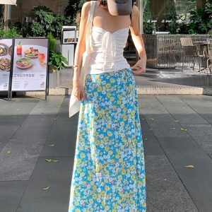 Fresh Floral Tie Low Waist Mid-Length Straight Skirt for Women - Beachy 90s Style Half Skirt