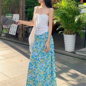 Fresh Floral Tie Low Waist Mid-Length Straight Skirt for Women - Beachy 90s Style Half Skirt