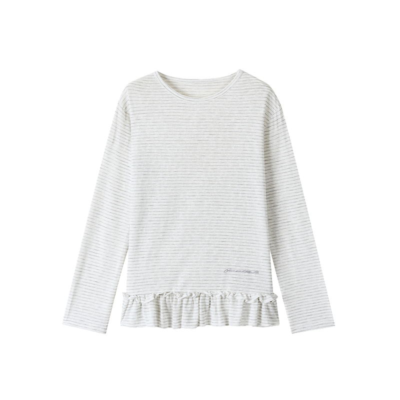 Freshwater Micro Long Lace Embroidered Sheer Striped Casual Layered Round Neck Loose Long Sleeve Top