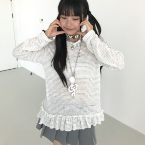 Freshwater Micro Long Lace Embroidered Sheer Striped Casual Layered Round Neck Loose Long Sleeve Top