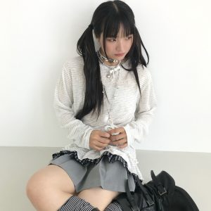 Freshwater Micro Long Lace Embroidered Sheer Striped Casual Layered Round Neck Loose Long Sleeve Top