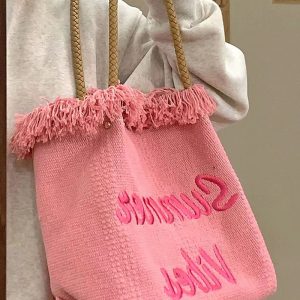 Fringe Woven Canvas Tote Bag for Women - Embroidered Letter Commuter Bag, Trendy Versatile Shoulder Bag 2023 Fashion
