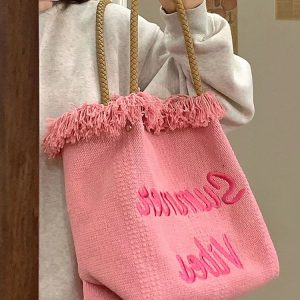 Fringe Woven Canvas Tote Bag for Women - Embroidered Letter Commuter Bag, Trendy Versatile Shoulder Bag 2023 Fashion