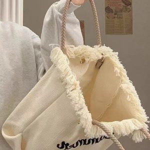 Fringe Woven Canvas Tote Bag for Women - Embroidered Letter Commuter Bag, Trendy Versatile Shoulder Bag 2023 Fashion