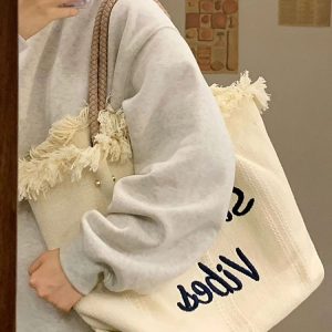 Fringe Woven Canvas Tote Bag for Women - Embroidered Letter Commuter Bag, Trendy Versatile Shoulder Bag 2023 Fashion