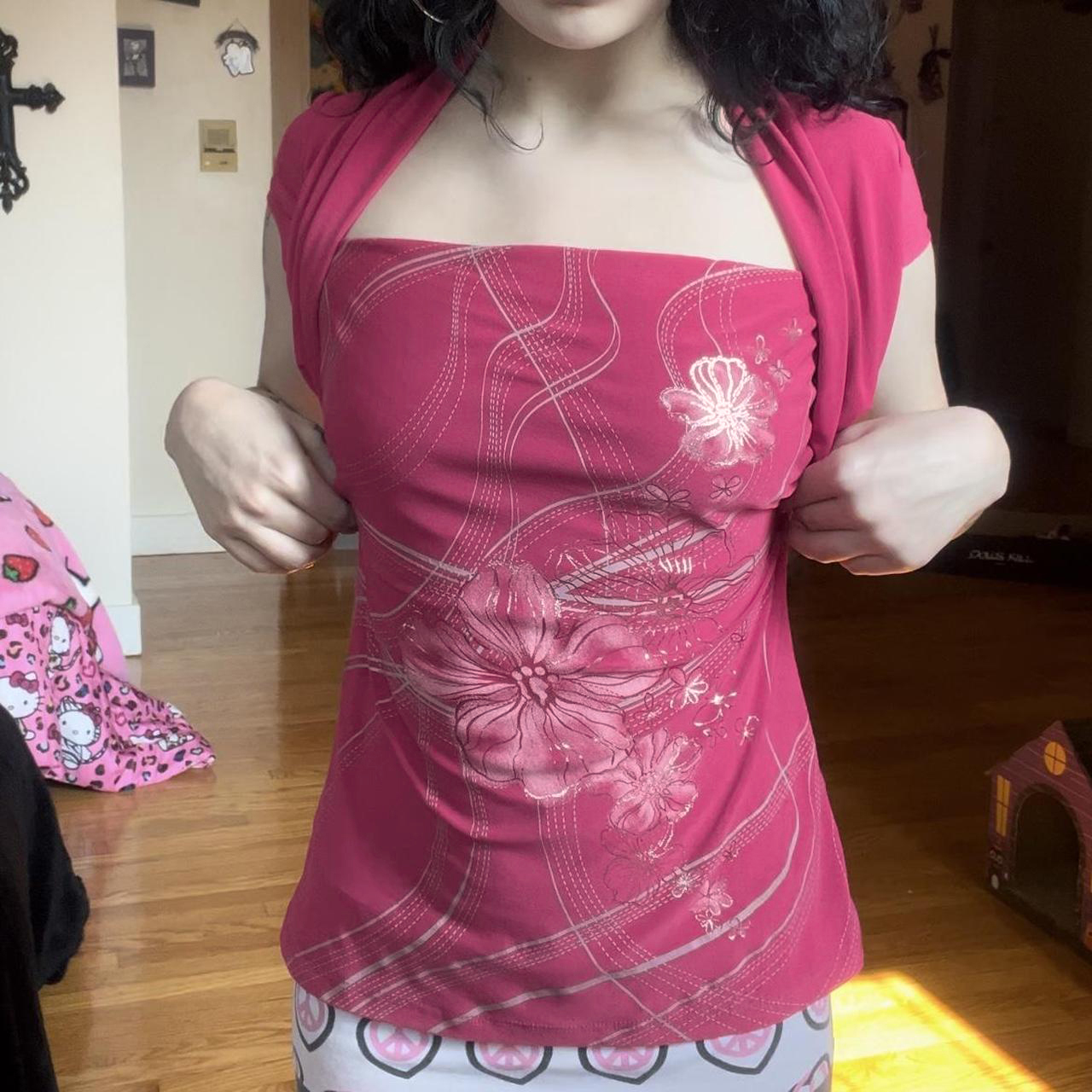 Fuchsia Floral Print Fake Two-Piece T-Shirt for Women, Retro Summer Top with Waist-Cinching Design and Shoulder Bag, Y2K Style