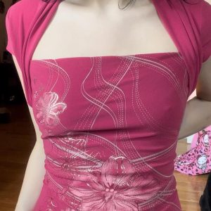 Fuchsia Floral Print Fake Two-Piece T-Shirt for Women, Retro Summer Top with Waist-Cinching Design and Shoulder Bag, Y2K Style