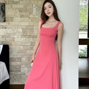 Fuchsia Waist-Defining Fitted Vest Dress with Flared Skirt for Tall Women | Light Cotton Summer Dress