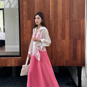 Fuchsia Waist-Defining Fitted Vest Dress with Flared Skirt for Tall Women | Light Cotton Summer Dress