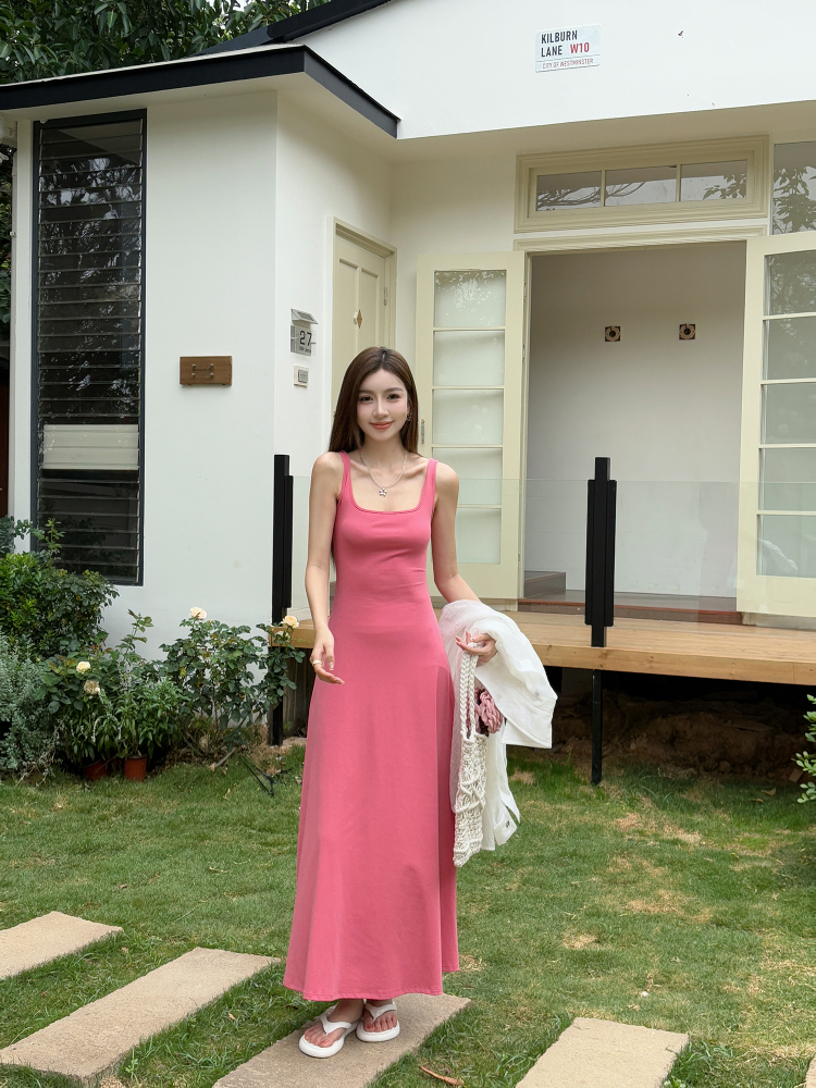 Fuchsia Waist-Defining Fitted Vest Dress with Flared Skirt for Tall Women | Light Cotton Summer Dress Fuchsia Waist-Defining Fitted Vest Dress with Flared Skirt for Tall Women | Light Cotton Summer Dress