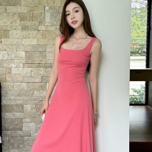 Fuchsia Waist-Defining Fitted Vest Dress with Flared Skirt for Tall Women | Light Cotton Summer Dress