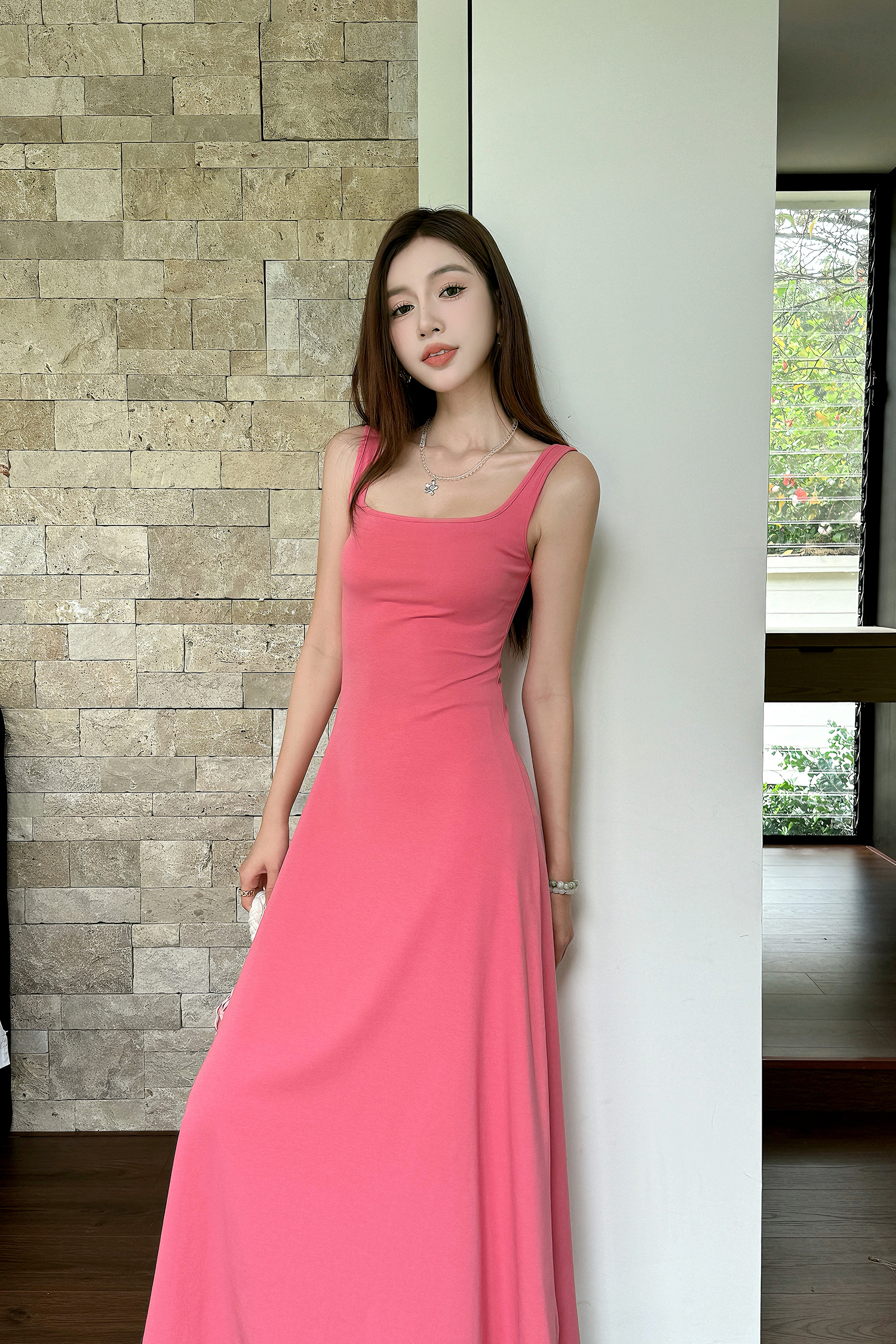 Fuchsia Waist-Defining Fitted Vest Dress with Flared Skirt for Tall Women | Light Cotton Summer Dress Fuchsia Waist-Defining Fitted Vest Dress with Flared Skirt for Tall Women | Light Cotton Summer Dress