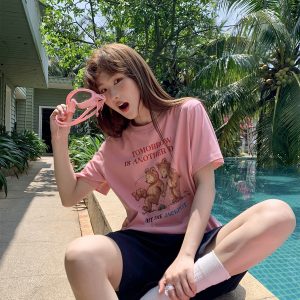 Fun Bear Print Loose Short Sleeve T-shirt for Women - Summer 2025 Pure Cotton Round Neck Top, Casual 90s Style