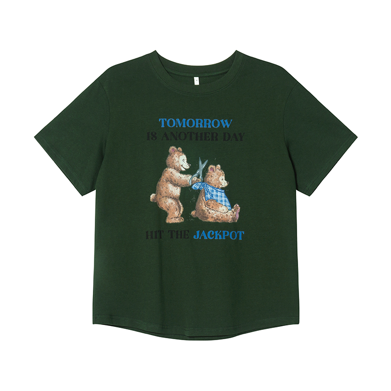 Fun Bear Print Loose Short Sleeve T-shirt for Women - Summer 2025 Pure Cotton Round Neck Top, Casual 90s Style