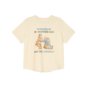 Fun Bear Print Loose Short Sleeve T-shirt for Women - Summer 2025 Pure Cotton Round Neck Top, Casual 90s Style