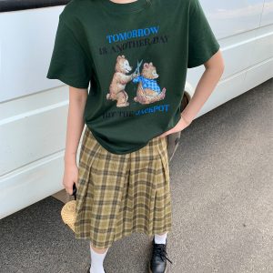 Fun Bear Print Loose Short Sleeve T-shirt for Women - Summer 2025 Pure Cotton Round Neck Top, Casual 90s Style