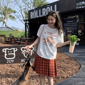 Fun Bear Print Loose Short Sleeve T-shirt for Women - Summer 2025 Pure Cotton Round Neck Top, Casual 90s Style