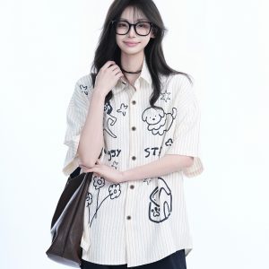 Fun Cartoon Doodle Dog Vertical Striped Short-Sleeve Shirt for Women, Loose Fit Trendy Top, Casual 90s Style