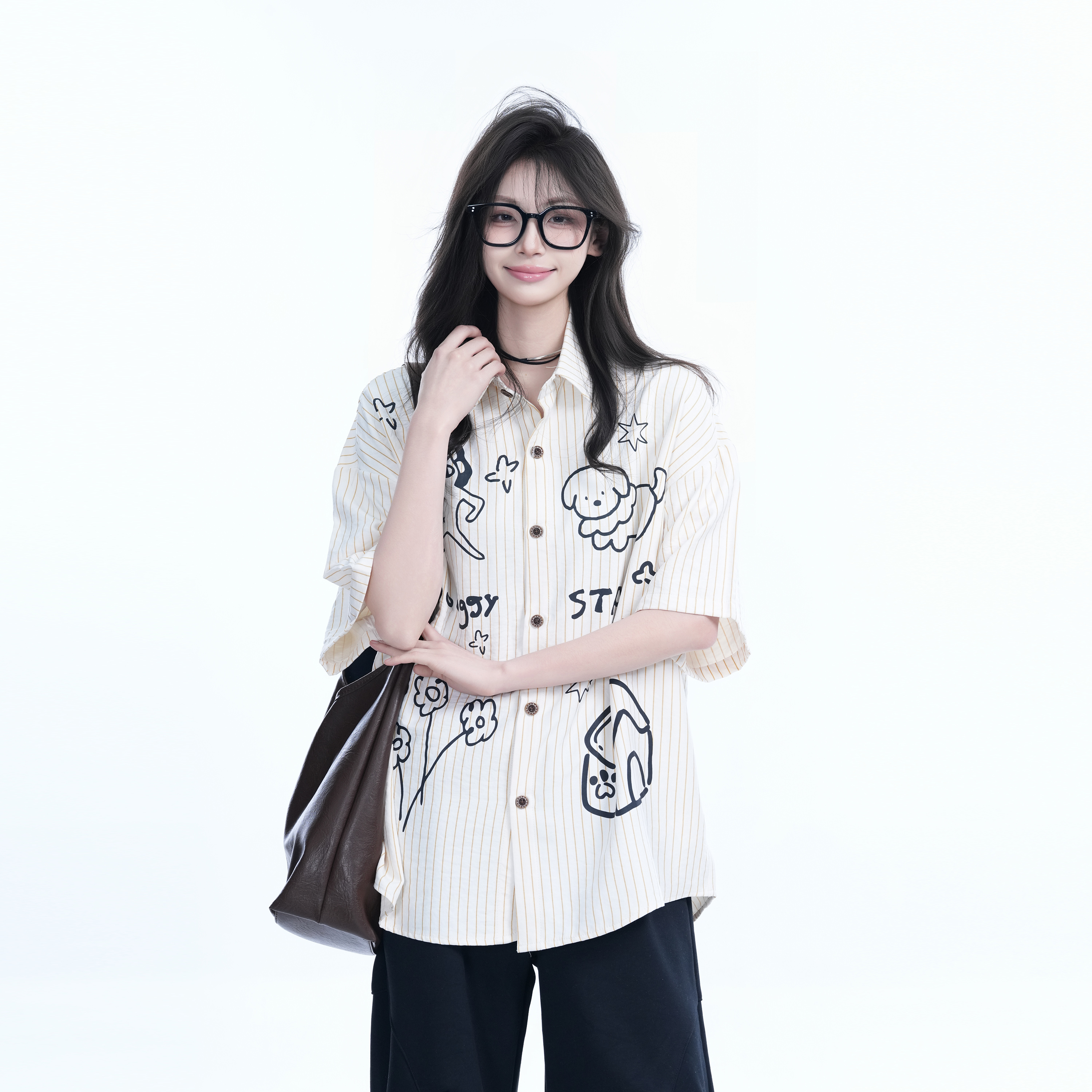 Fun Cartoon Doodle Dog Vertical Striped Short-Sleeve Shirt for Women, Loose Fit Trendy Top, Casual 90s Style