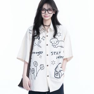 Fun Cartoon Doodle Dog Vertical Striped Short-Sleeve Shirt for Women, Loose Fit Trendy Top, Casual 90s Style