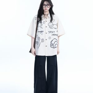 Fun Cartoon Doodle Dog Vertical Striped Short-Sleeve Shirt for Women, Loose Fit Trendy Top, Casual 90s Style