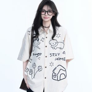 Fun Cartoon Doodle Dog Vertical Striped Short-Sleeve Shirt for Women, Loose Fit Trendy Top, Casual 90s Style