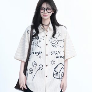 Fun Cartoon Doodle Dog Vertical Striped Short-Sleeve Shirt for Women, Loose Fit Trendy Top, Casual 90s Style
