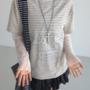 Galaxy Walk Printed Striped Color Block Casual Short Sleeve T-Shirt for Trendy, Relaxed Style
