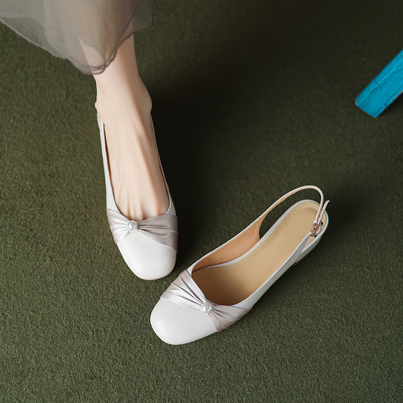 Genuine Leather Backless Chunky Heel Sandals for Women - Bow Round Toe Low Heel Closed Toe Italian Style