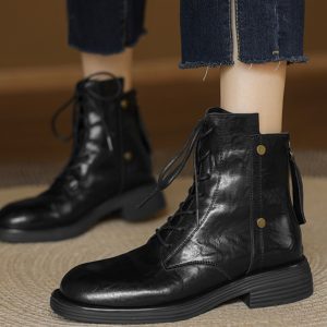 Genuine Leather Black Lace-Up Flat Martin Boots for Women - Spring Autumn Short Boots, Trendy Y2K Style