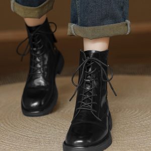 Genuine Leather Black Lace-Up Flat Martin Boots for Women - Spring Autumn Short Boots, Trendy Y2K Style