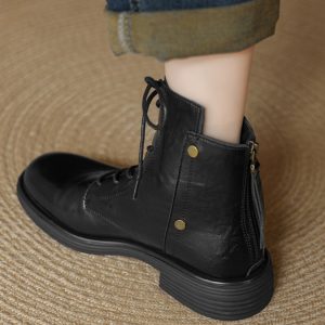 Genuine Leather Black Lace-Up Flat Martin Boots for Women - Spring Autumn Short Boots, Trendy Y2K Style