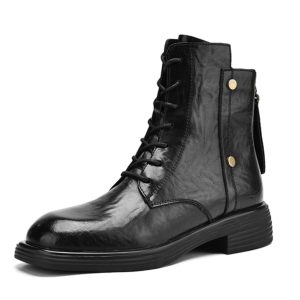 Genuine Leather Black Lace-Up Flat Martin Boots for Women - Spring Autumn Short Boots, Trendy Y2K Style