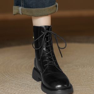 Genuine Leather Black Lace-Up Flat Martin Boots for Women - Spring Autumn Short Boots, Trendy Y2K Style
