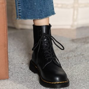 Genuine Leather Black Martin Boots for Women, Summer Ankle Boots, British Style Flat Eight-Hole & Six-Hole Shoes, Sizes 41-43