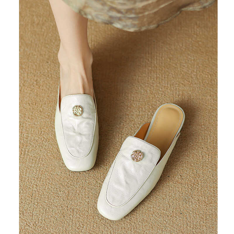 Genuine Leather Camellia Flat Mules - Sheepskin Outdoor Slippers, Half-Drag Design, Stylish Comfort, Perfect for Casual Wear