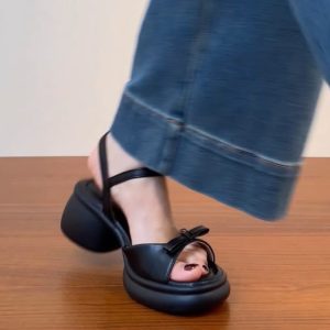 Genuine Leather Chunky Heel Open-Toe Sandals for Women, Thick Sole Roman Style Summer 2025, Sizes 41-43, Trendy Footwear