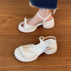 Genuine Leather Chunky Heel Open-Toe Sandals for Women, Thick Sole Roman Style Summer 2025, Sizes 41-43, Trendy Footwear