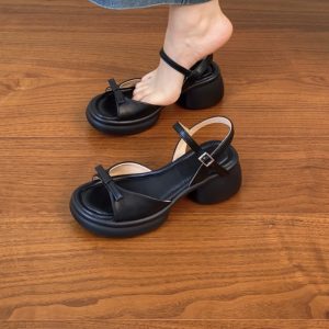 Genuine Leather Chunky Heel Open-Toe Sandals for Women, Thick Sole Roman Style Summer 2025, Sizes 41-43, Trendy Footwear