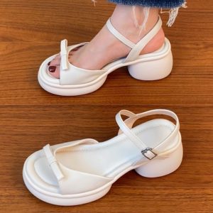 Genuine Leather Chunky Heel Open-Toe Sandals for Women, Thick Sole Roman Style Summer 2025, Sizes 41-43, Trendy Footwear
