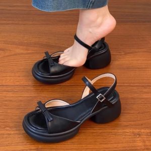 Genuine Leather Chunky Heel Open-Toe Sandals for Women, Thick Sole Roman Style Summer 2025, Sizes 41-43, Trendy Footwear