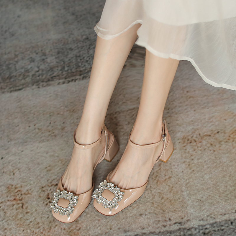 Genuine Leather Chunky High Heel Sandals for Women with Rhinestone Buckle - Elegant Literary Style Square Toe Design