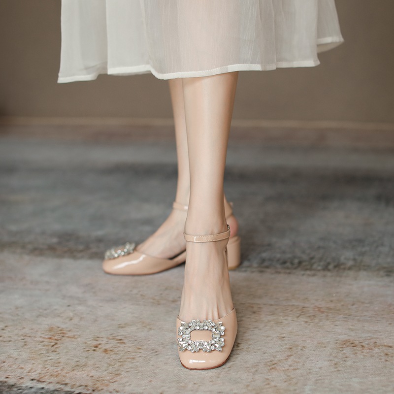 Genuine Leather Chunky High Heel Sandals for Women with Rhinestone Buckle - Elegant Literary Style Square Toe Design