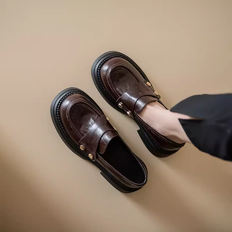 Genuine Leather Chunky High-Heeled Loafers for Women - Retro Thick-Soled JK Big Head Shoes - Paris Street Style Flats