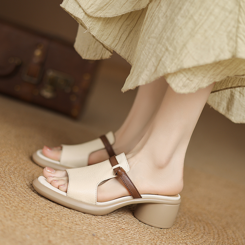 Genuine Leather Color-Blocking Open Toe Mid-Heel Slide Sandals for Women - Summer 2025 Korean Style Slippers