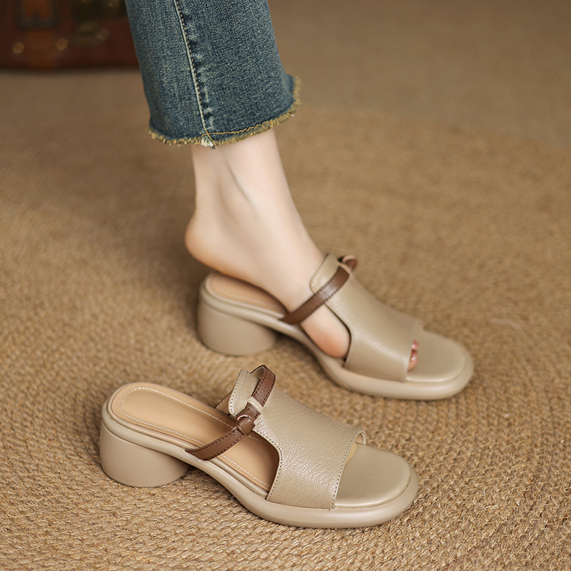 Genuine Leather Color-Blocking Open Toe Mid-Heel Slide Sandals for Women - Summer 2025 Korean Style Slippers