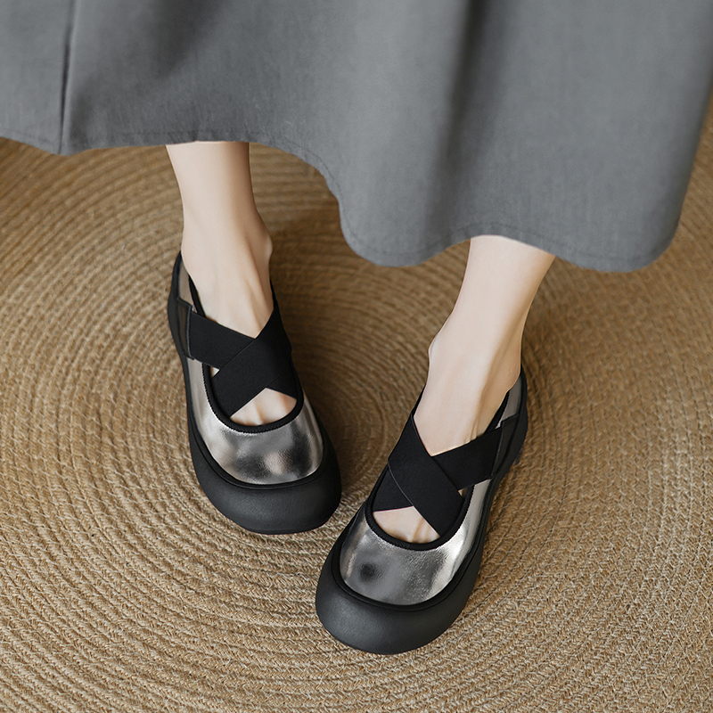 Genuine Leather Cross-Strap Ballet Flats for Women - Thick-Soled Versatile Slip-On Shoes for Everyday Style