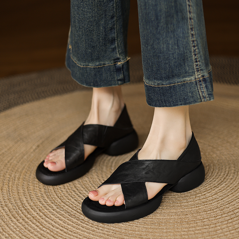 Genuine Leather Cross-Strap Open-Toe Sandals for Women - Summer 2025 Thick-Soled Footwear, Versatile Two-Wear Design