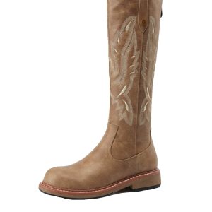 Genuine Leather Embroidered Western Cowboy Boots for Women - Vintage Long Boots with Back Zipper, 2024 Autumn Winter Style